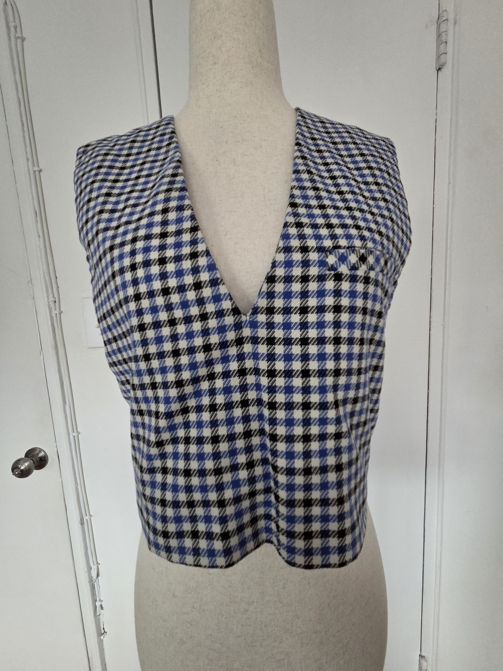 Zara Blue Black White Plaid V-Neck Cropped Vest